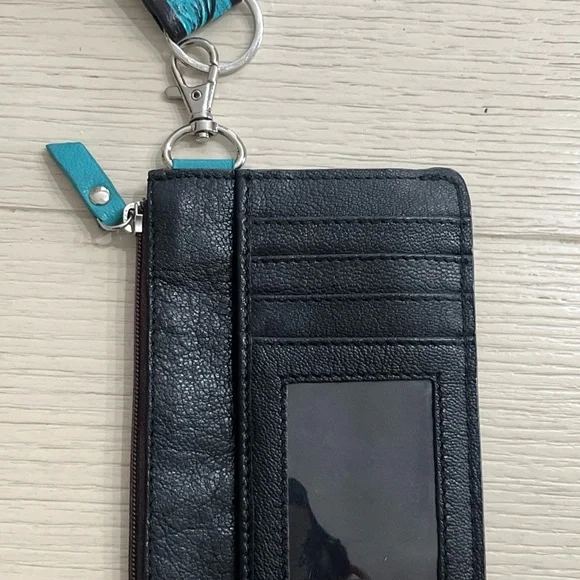 Unique Leather Card Wristlet Turquoise & Black Tooled Leather - Picture 4 of 8